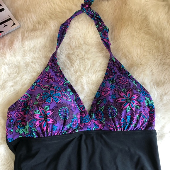 TRUNKETTES Purple Floral and Black Halter Swimsuit - Picture 2 of 13